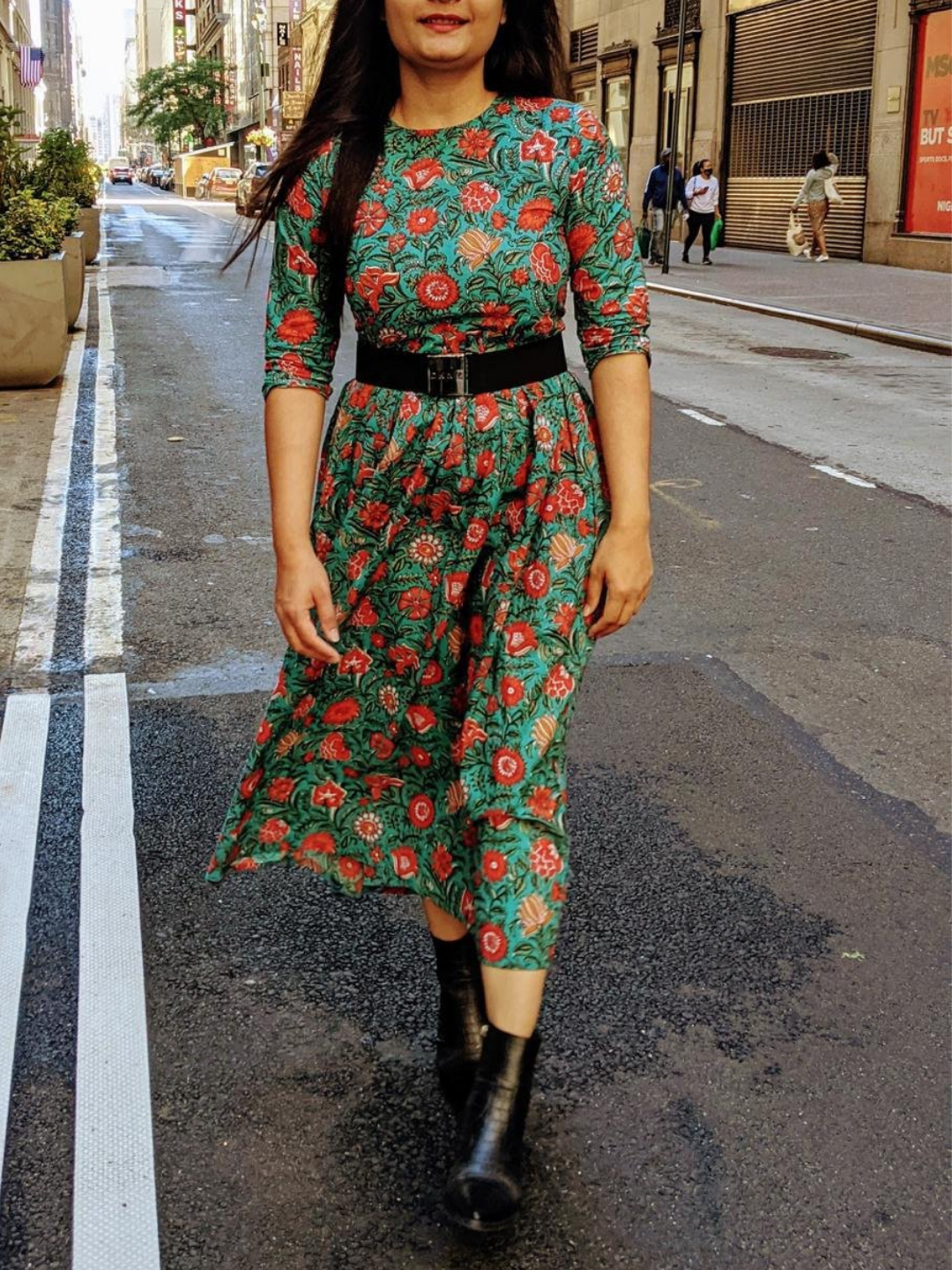 Green Floral A-Line Midi Dress