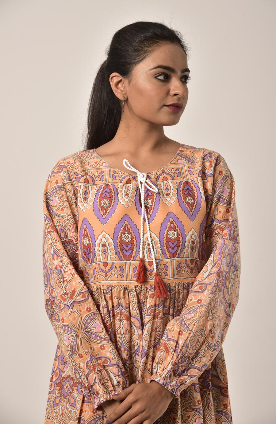 Apricot Orange Block print Long Dress