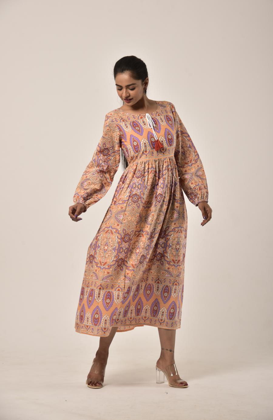 Apricot Orange Block print Long Dress