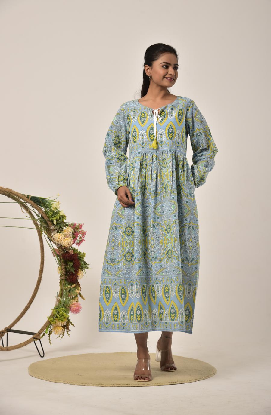 Green Grey Block Print Long Dress
