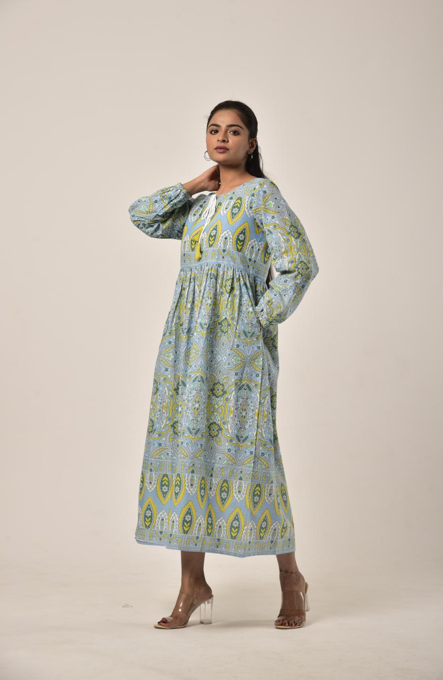 Green Grey Block Print Long Dress