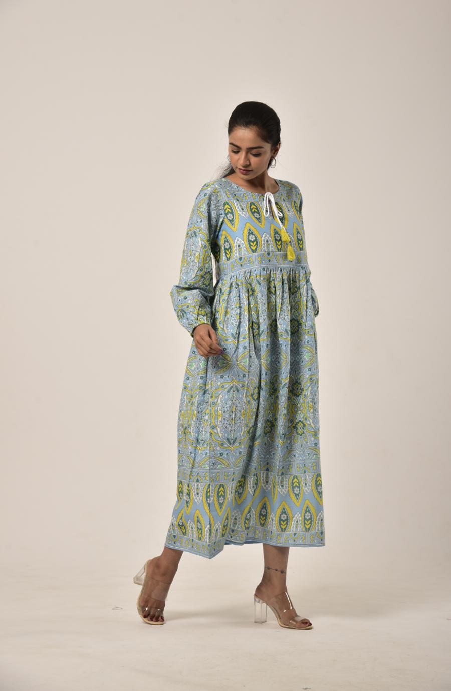 Green Grey Block Print Long Dress