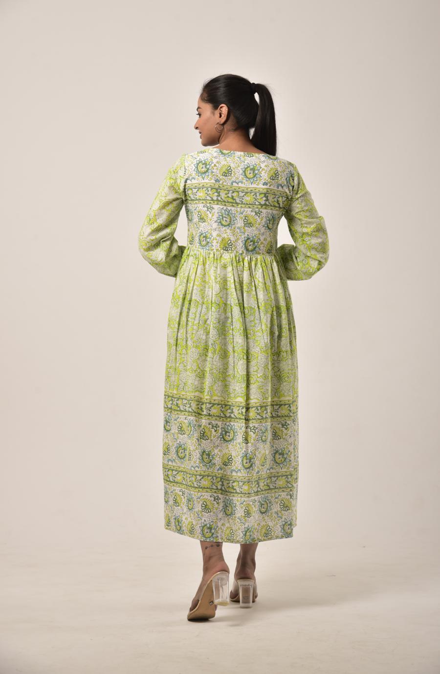 Lime Green Block Print Long Dress