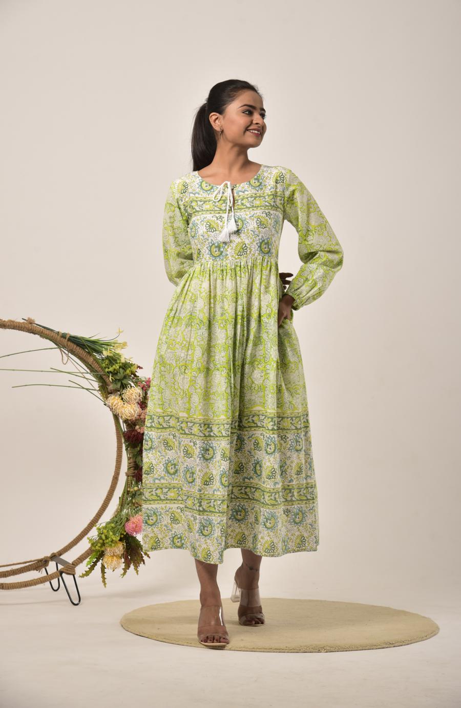 Lime Green Block Print Long Dress