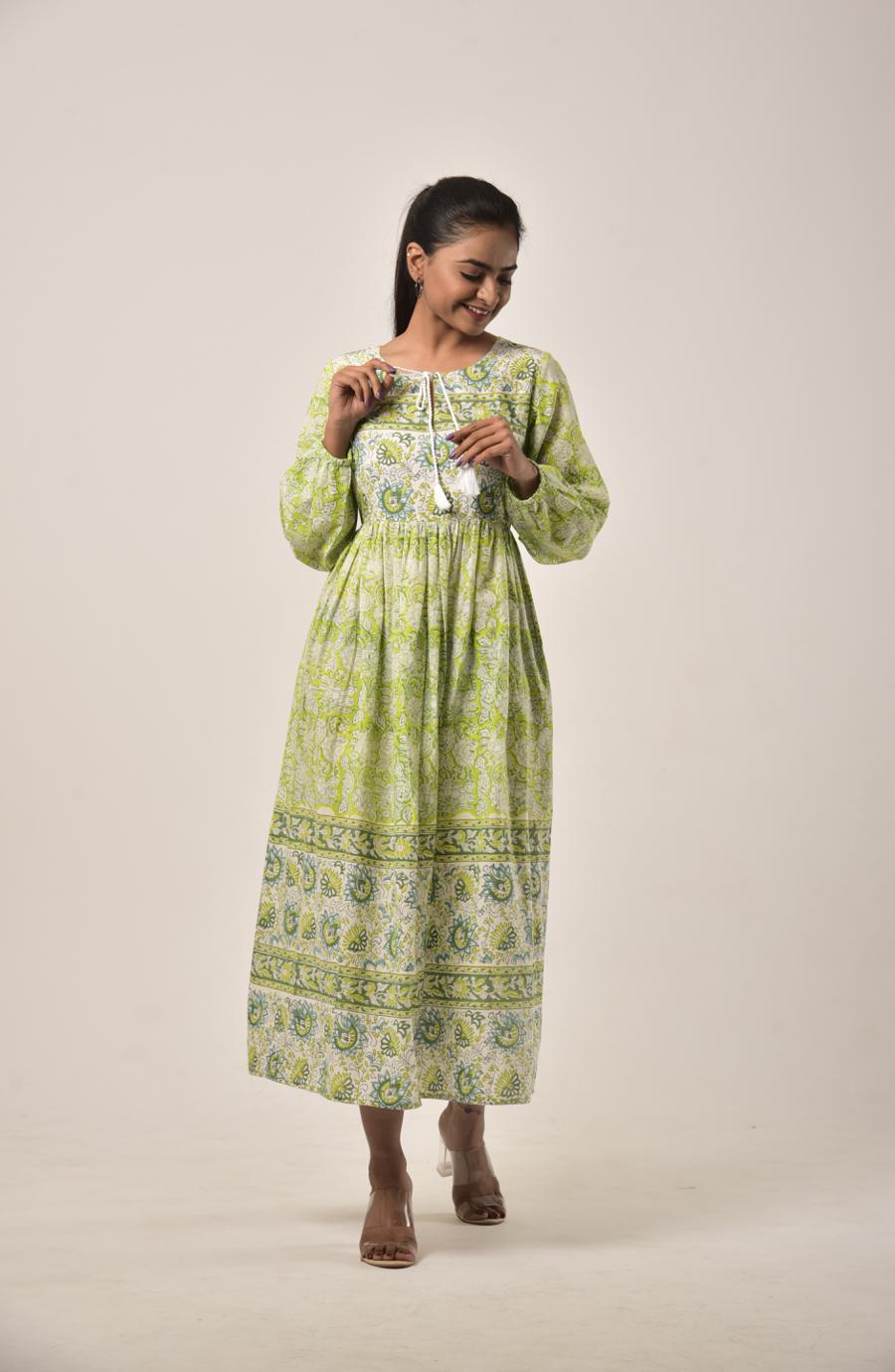 Lime Green Block Print Long Dress
