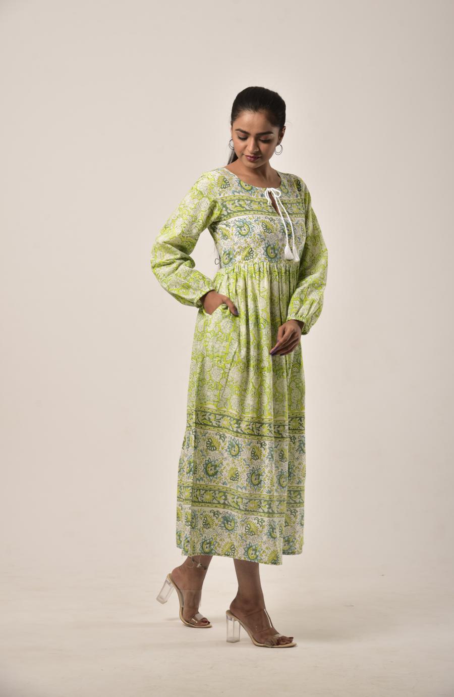 Lime Green Block Print Long Dress
