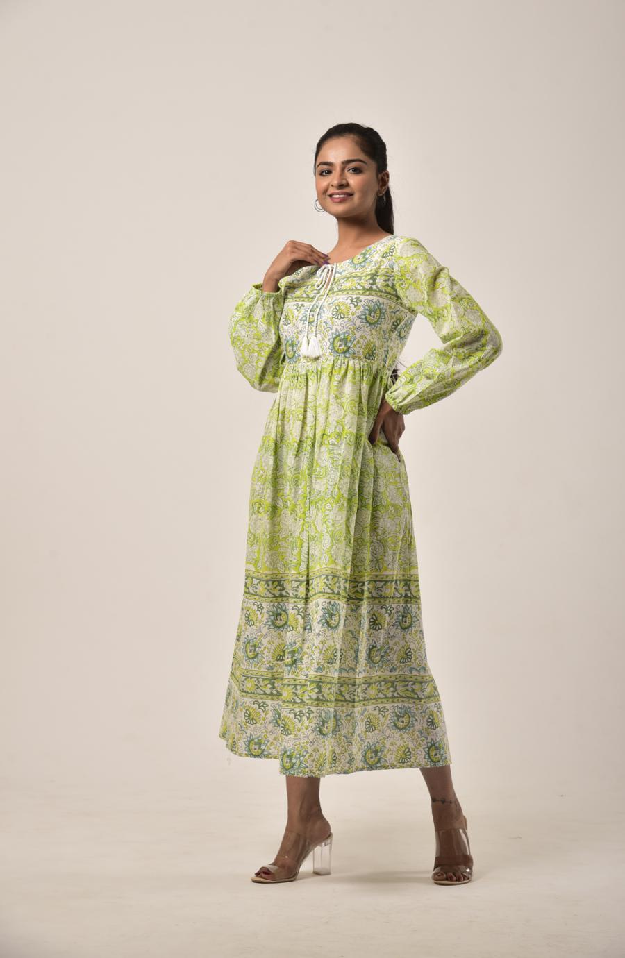 Lime Green Block Print Long Dress