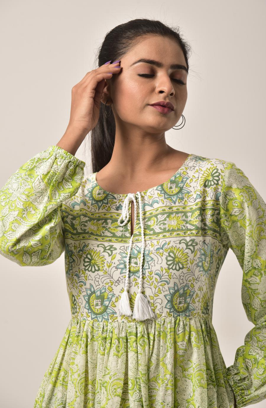 Lime Green Block Print Long Dress