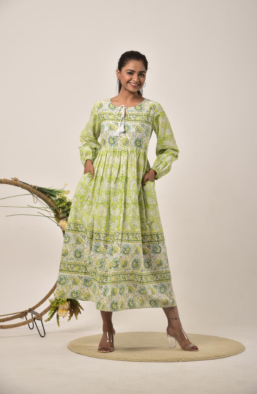 Lime Green Block Print Long Dress