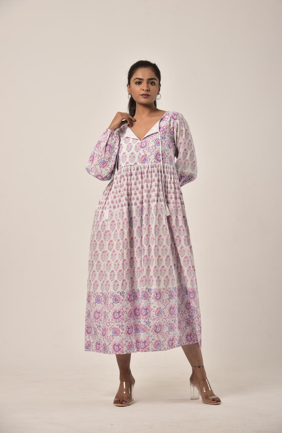 Rose Pink Block Print Long Dress
