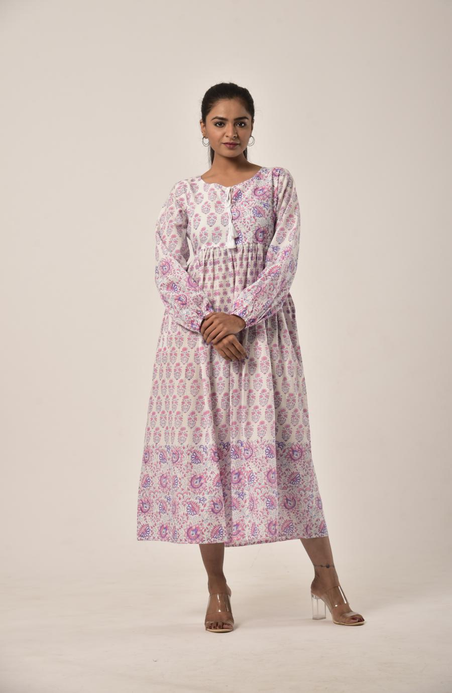 Rose Pink Block Print Long Dress