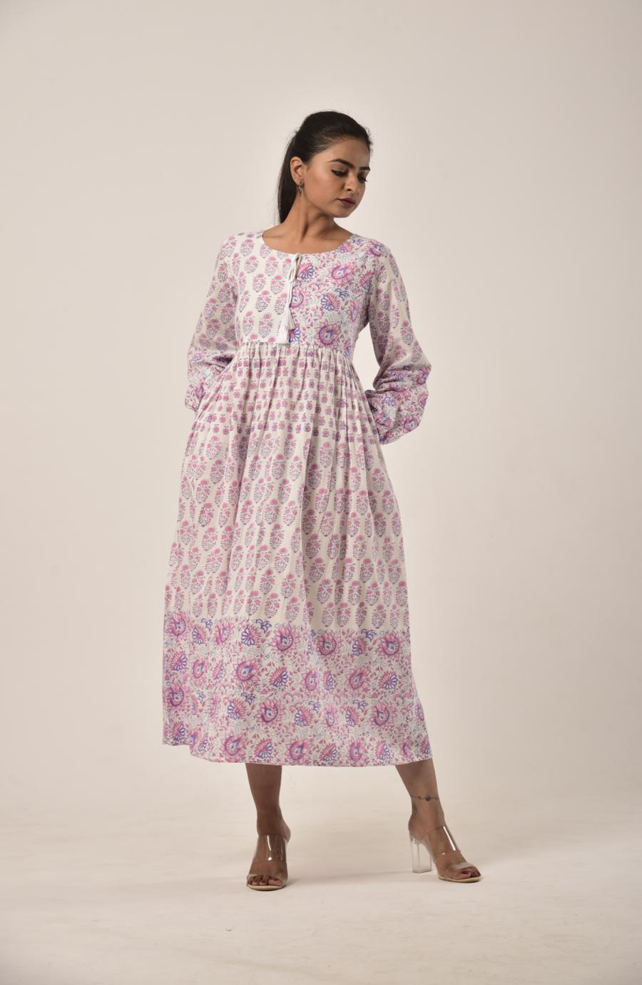 Rose Pink Block Print Long Dress