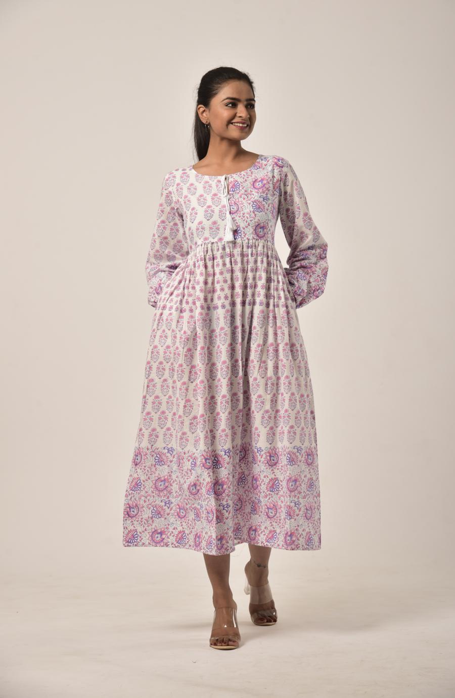 Rose Pink Block Print Long Dress
