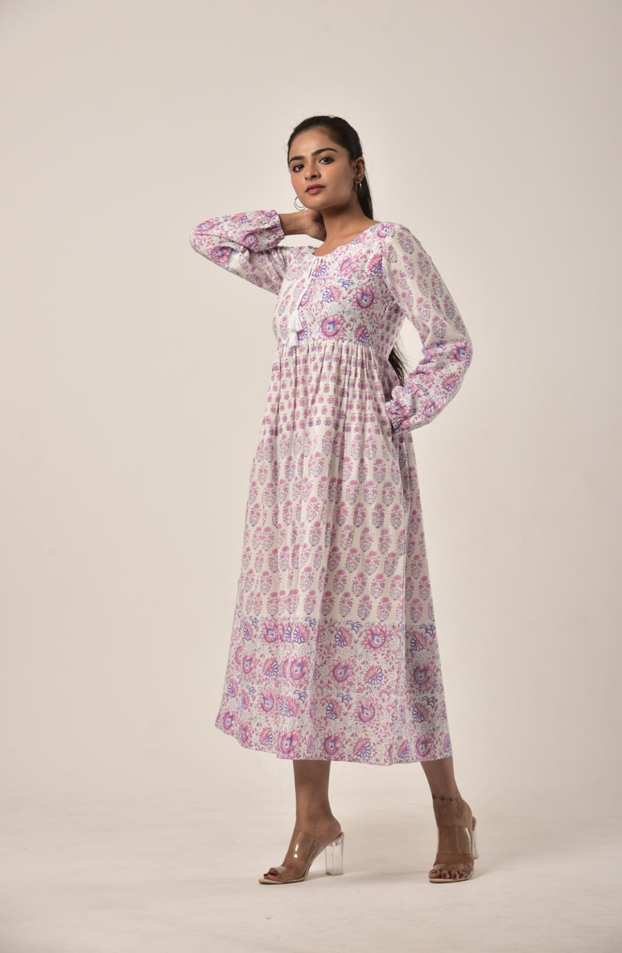 Rose Pink Block Print Long Dress