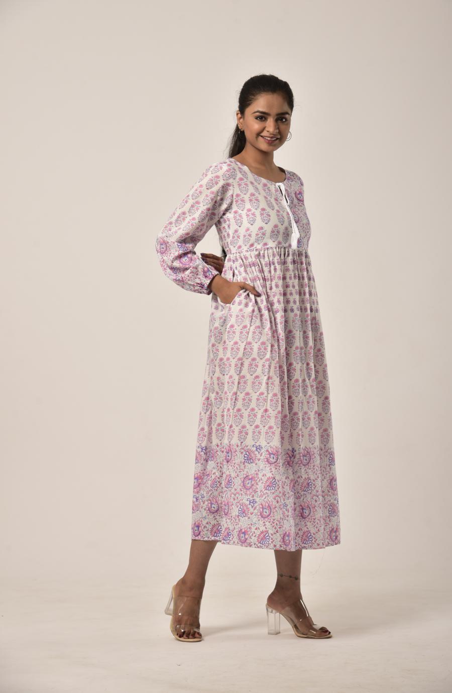 Rose Pink Block Print Long Dress