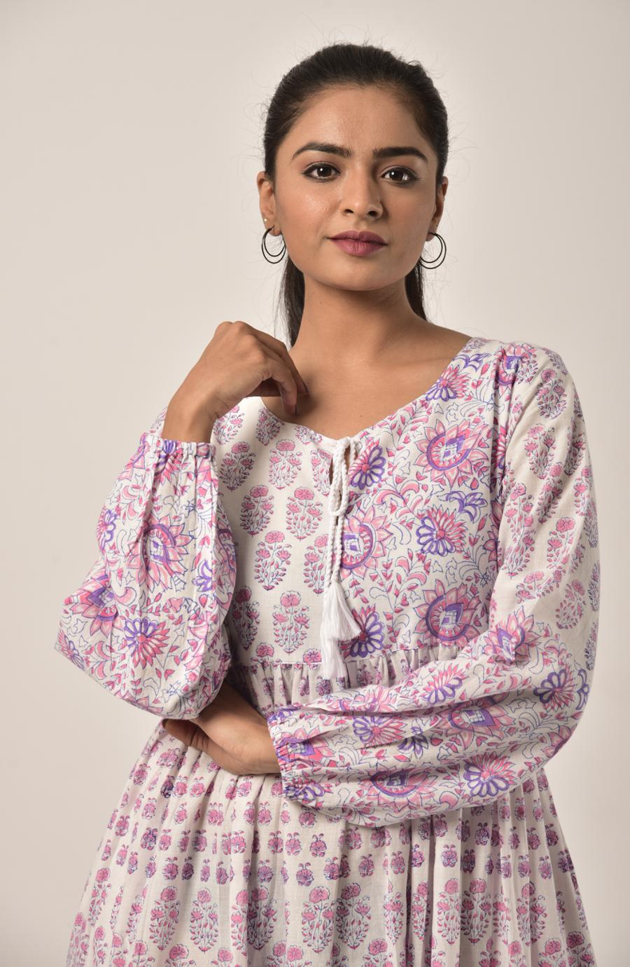 Rose Pink Block Print Long Dress