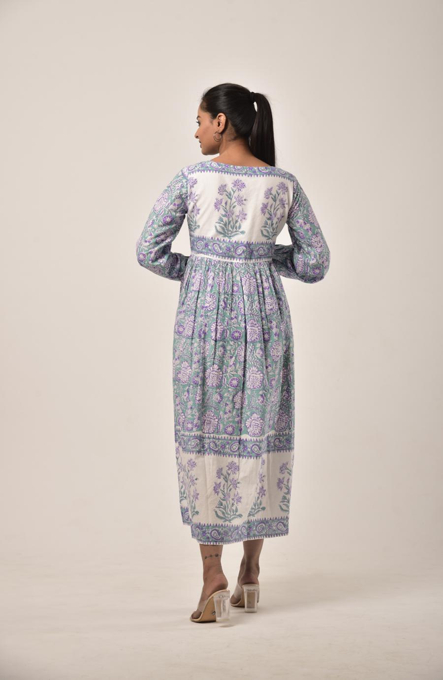 Sage Green Block Print Long Dress