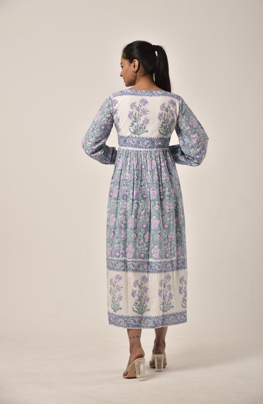 Sage Green Block Print Long Dress