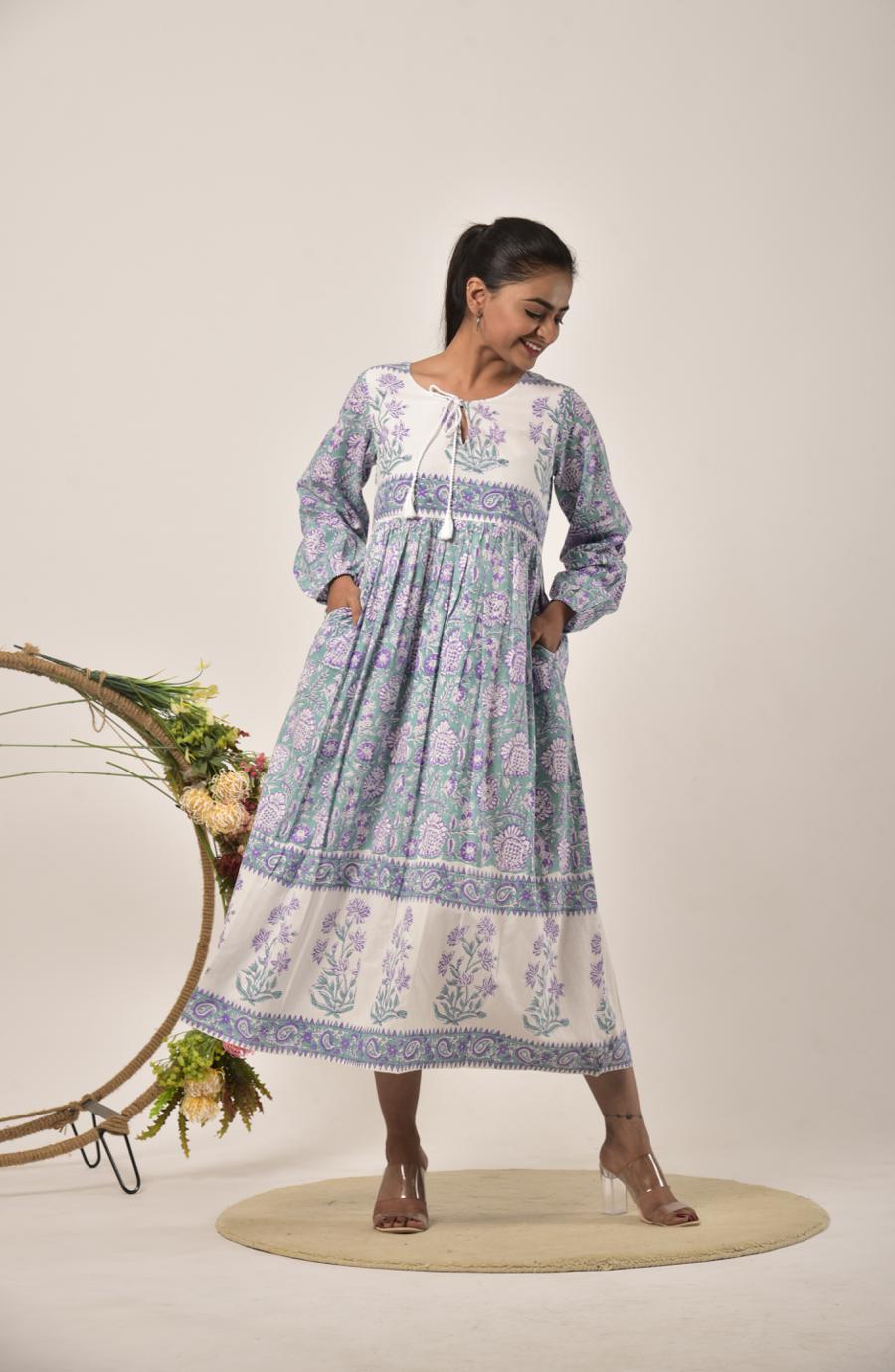 Sage Green Block Print Long Dress