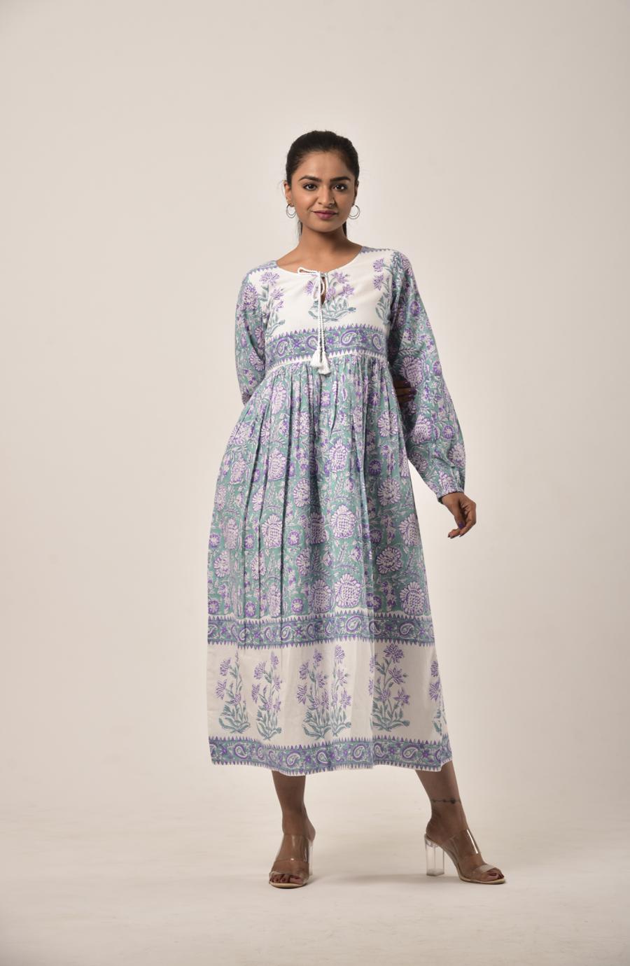 Sage Green Block Print Long Dress
