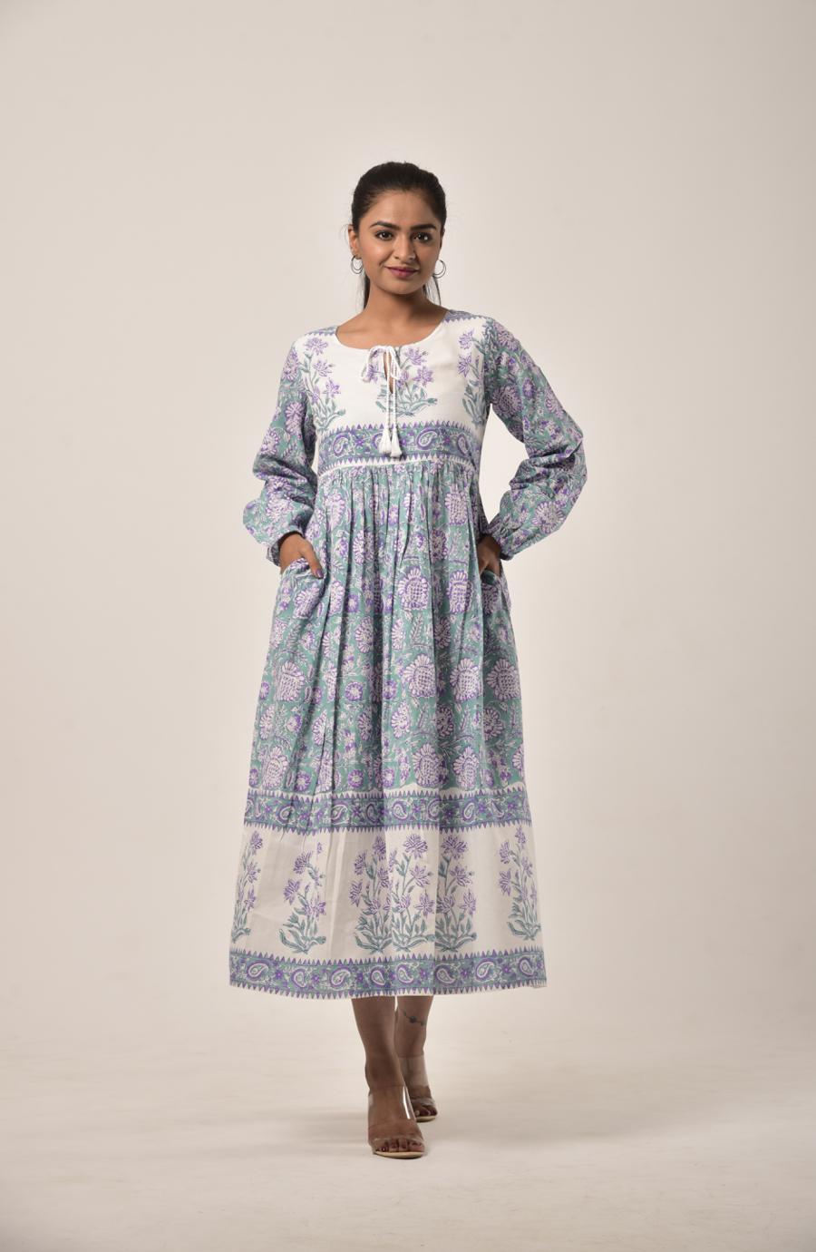 Sage Green Block Print Long Dress