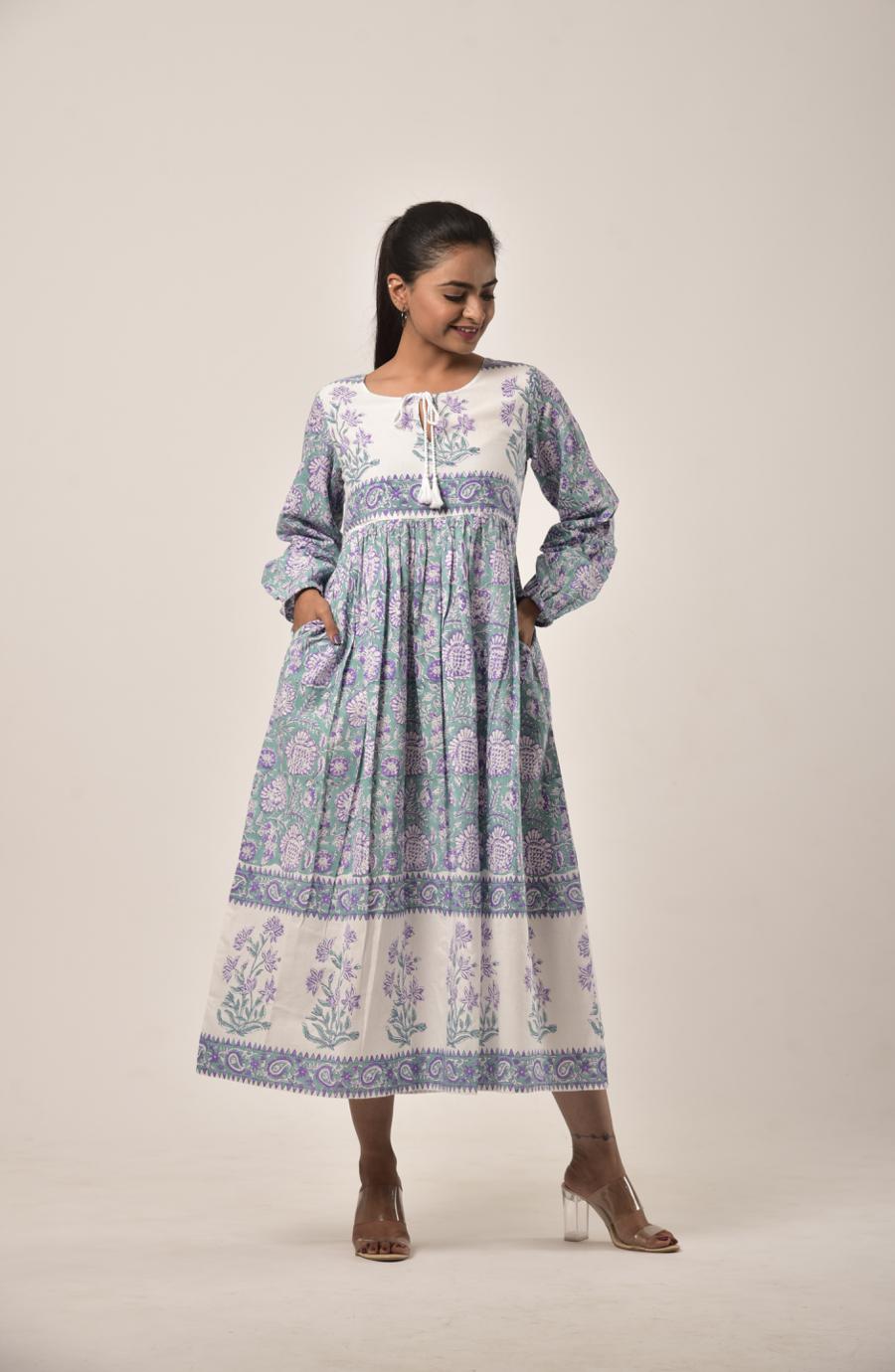 Sage Green Block Print Long Dress