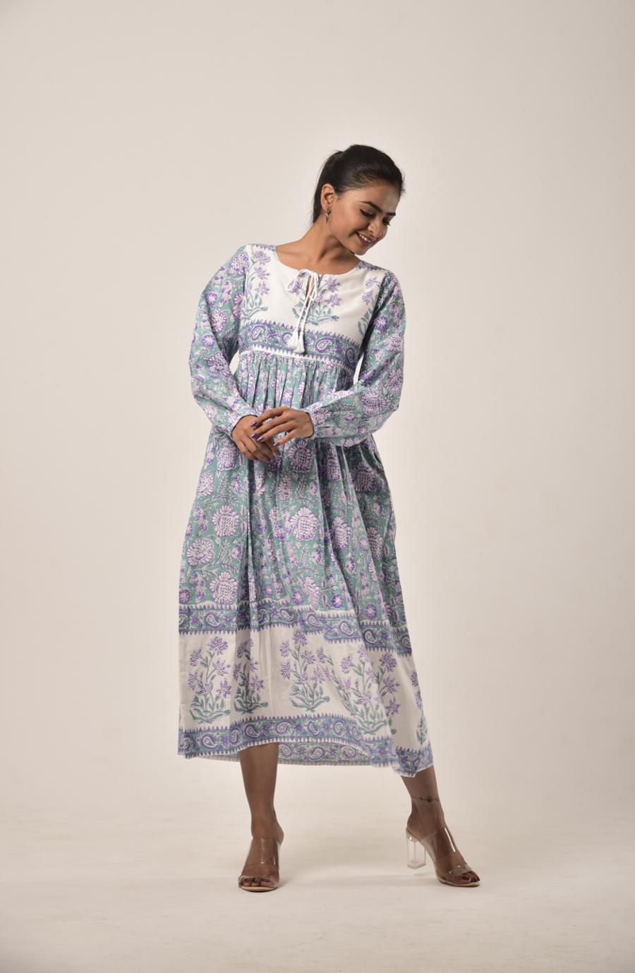 Sage Green Block Print Long Dress