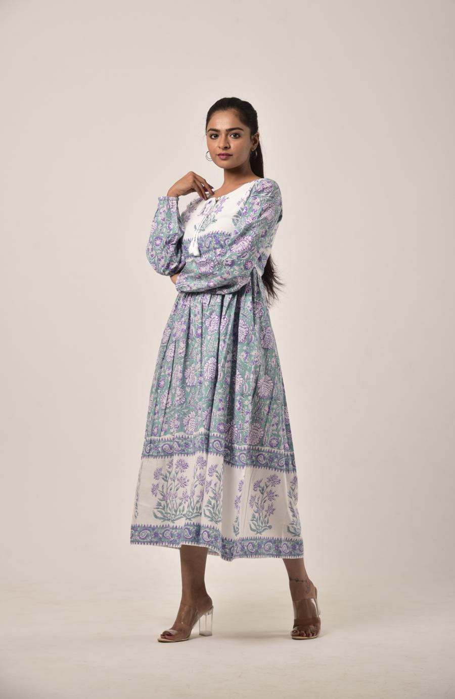 Sage Green Block Print Long Dress