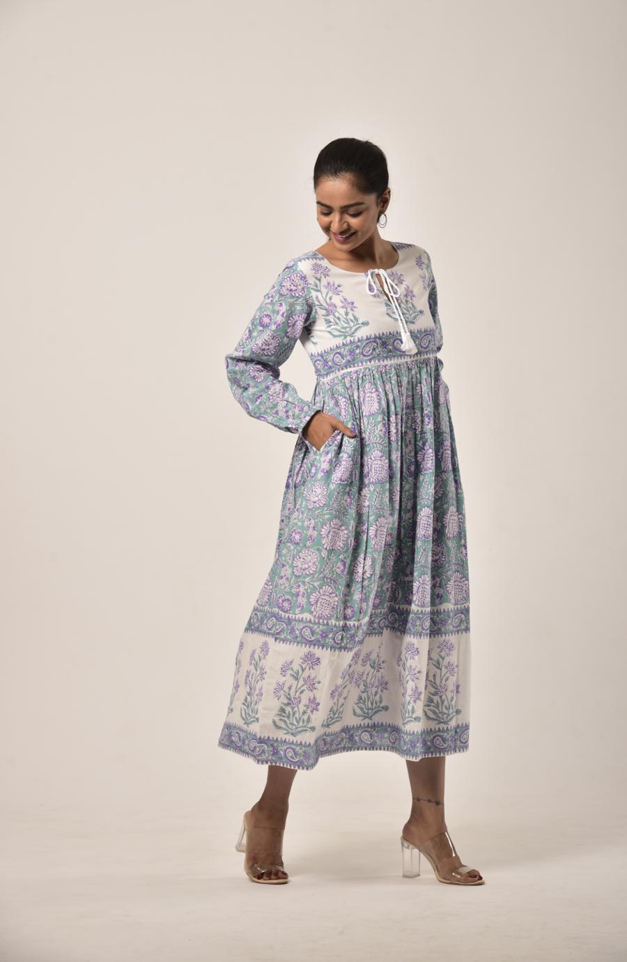 Sage Green Block Print Long Dress