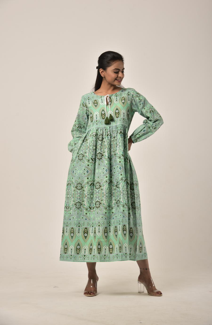 Sap Green Block Print Long Dress