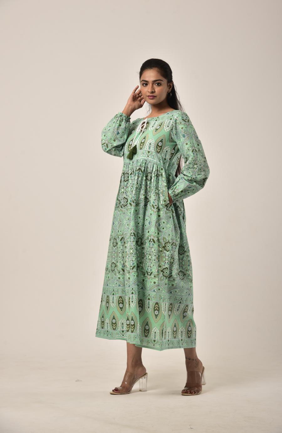 Sap Green Block Print Long Dress