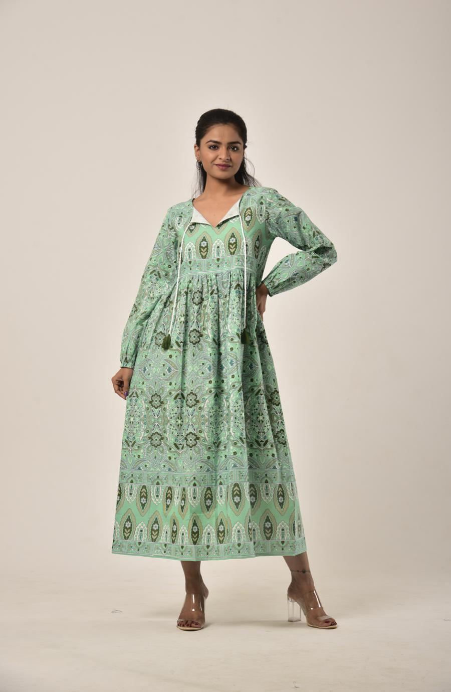 Sap Green Block Print Long Dress