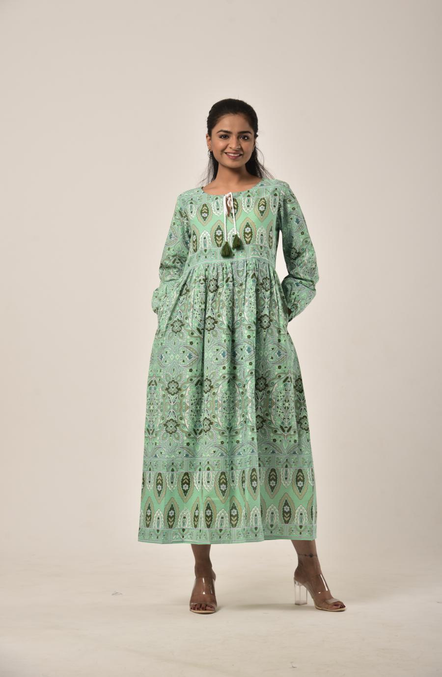Sap Green Block Print Long Dress