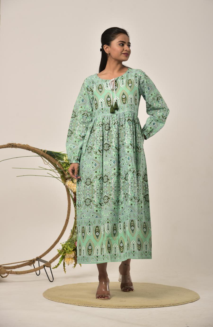 Sap Green Block Print Long Dress