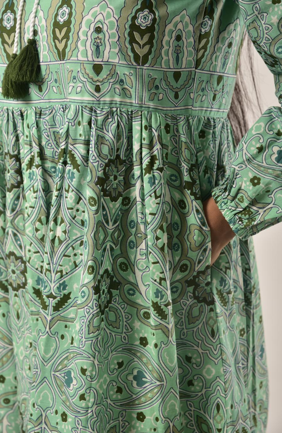 Sap Green Block Print Long Dress
