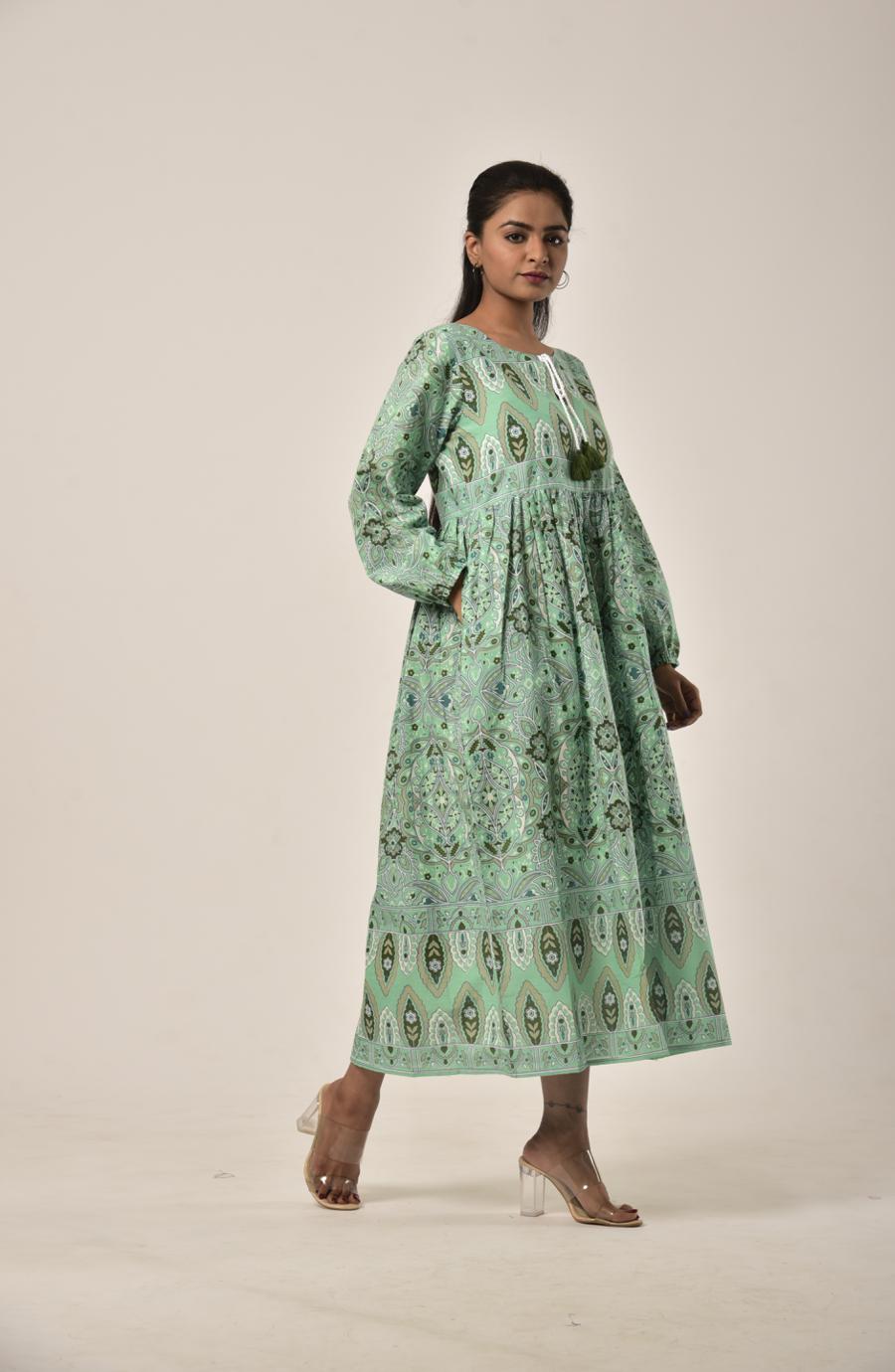 Sap Green Block Print Long Dress