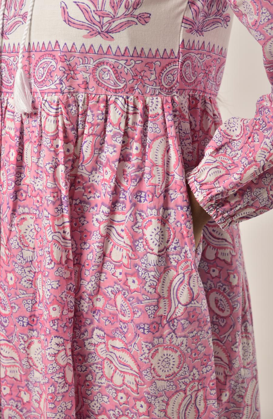Watermelon Pink Block Print Long Dress