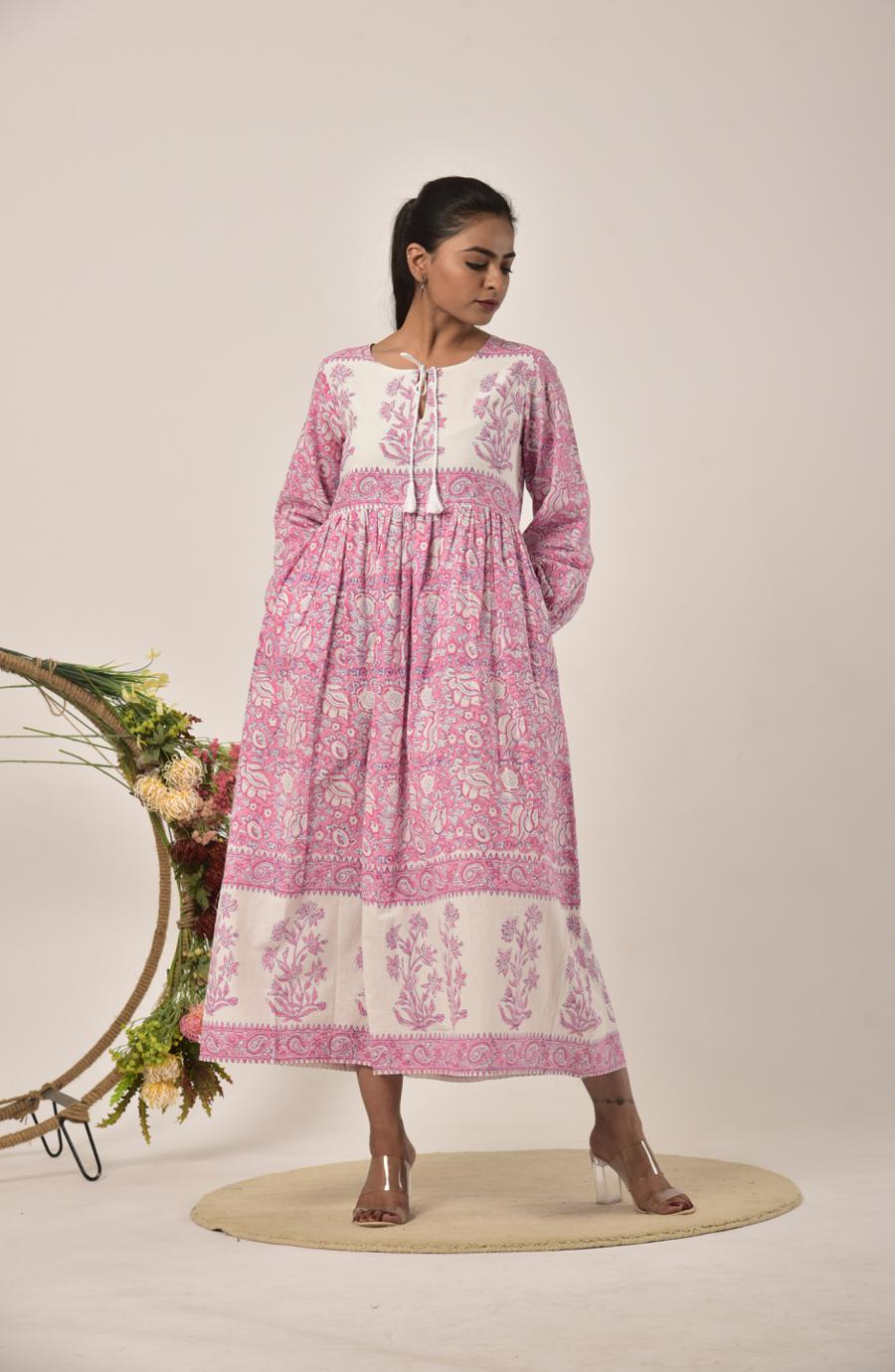 Watermelon Pink Block Print Long Dress