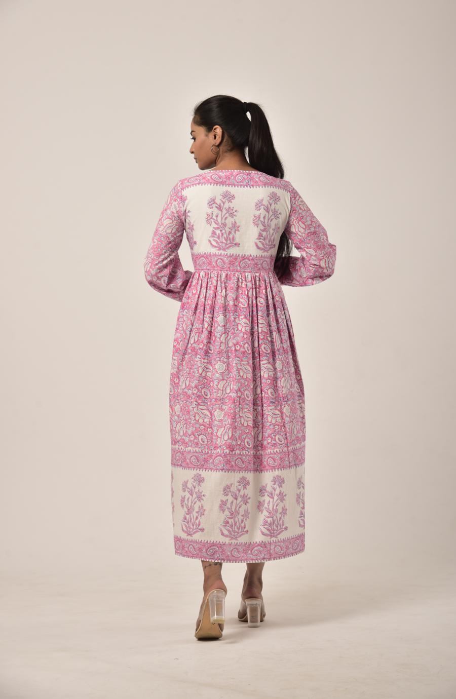 Watermelon Pink Block Print Long Dress