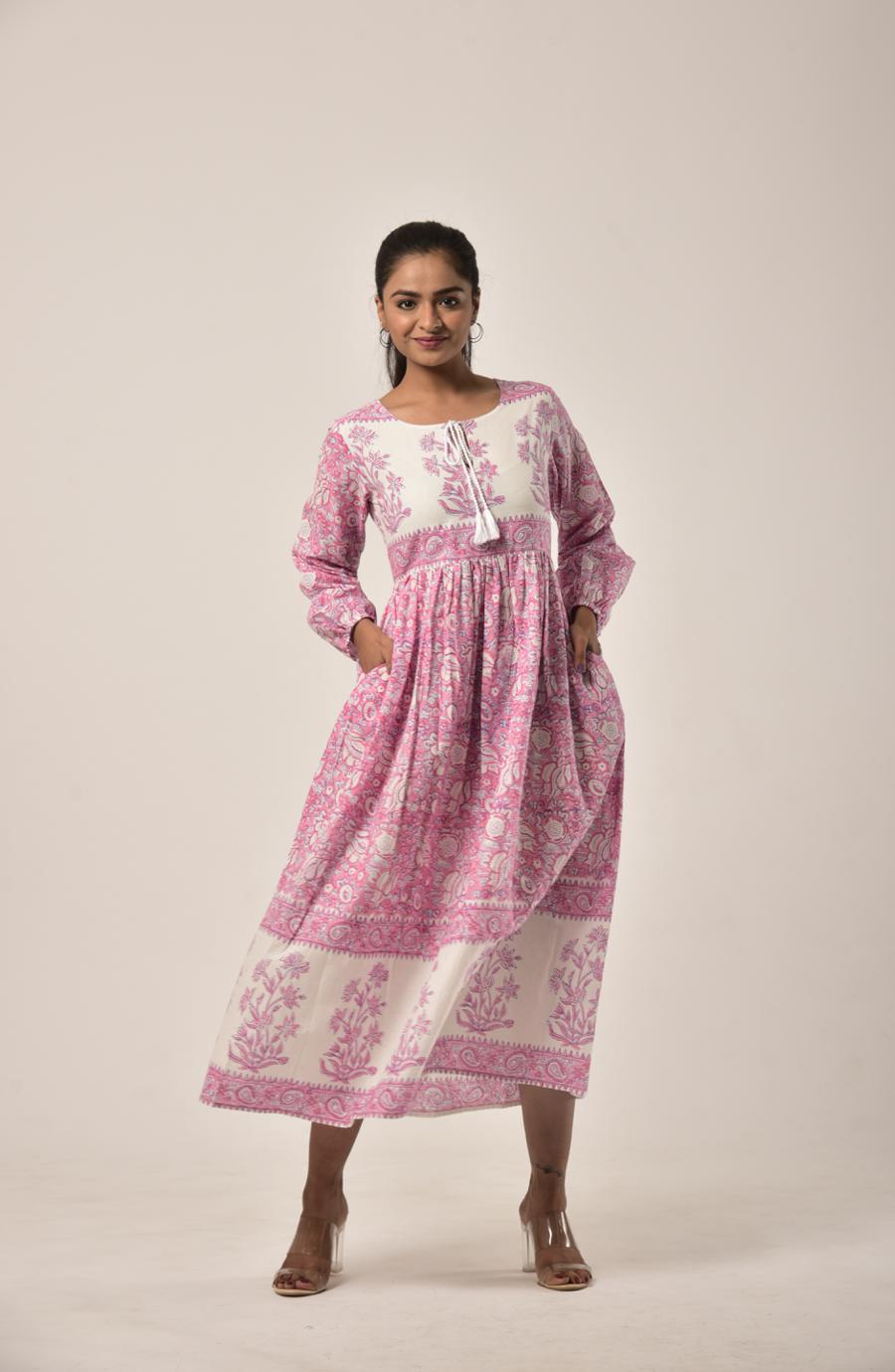 Watermelon Pink Block Print Long Dress