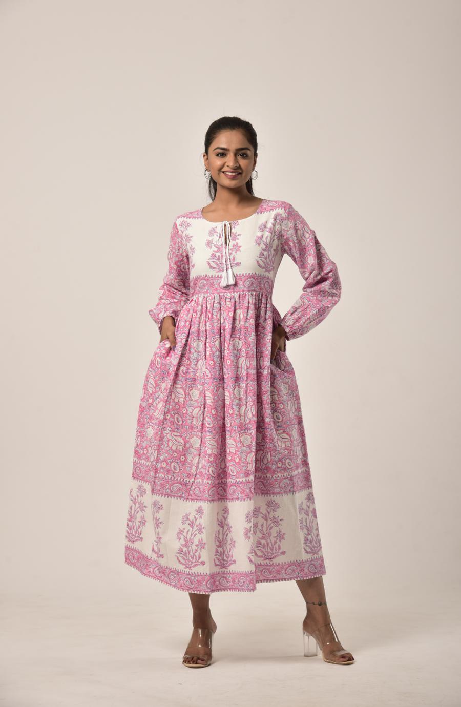 Watermelon Pink Block Print Long Dress