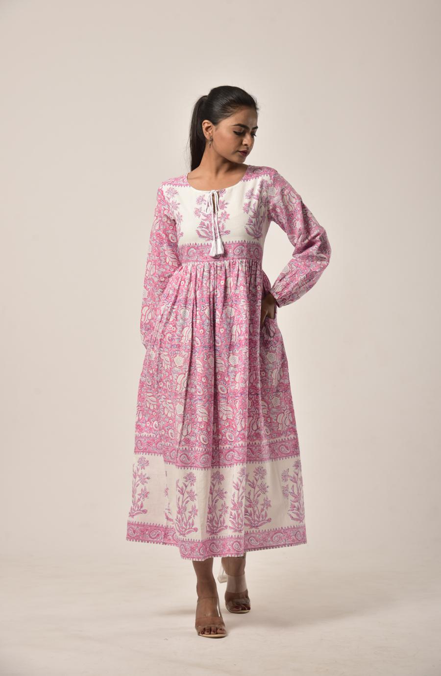 Watermelon Pink Block Print Long Dress