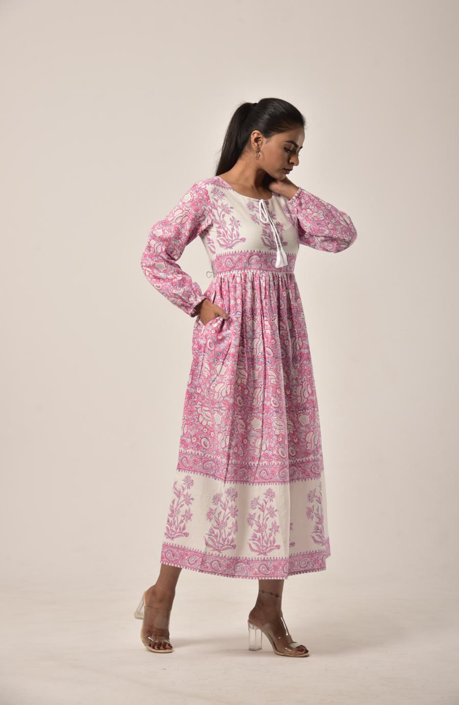 Watermelon Pink Block Print Long Dress