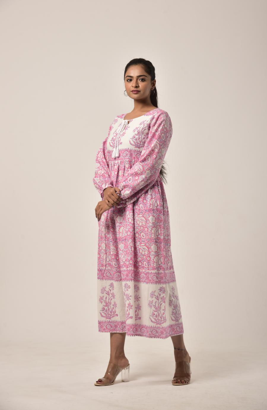 Watermelon Pink Block Print Long Dress