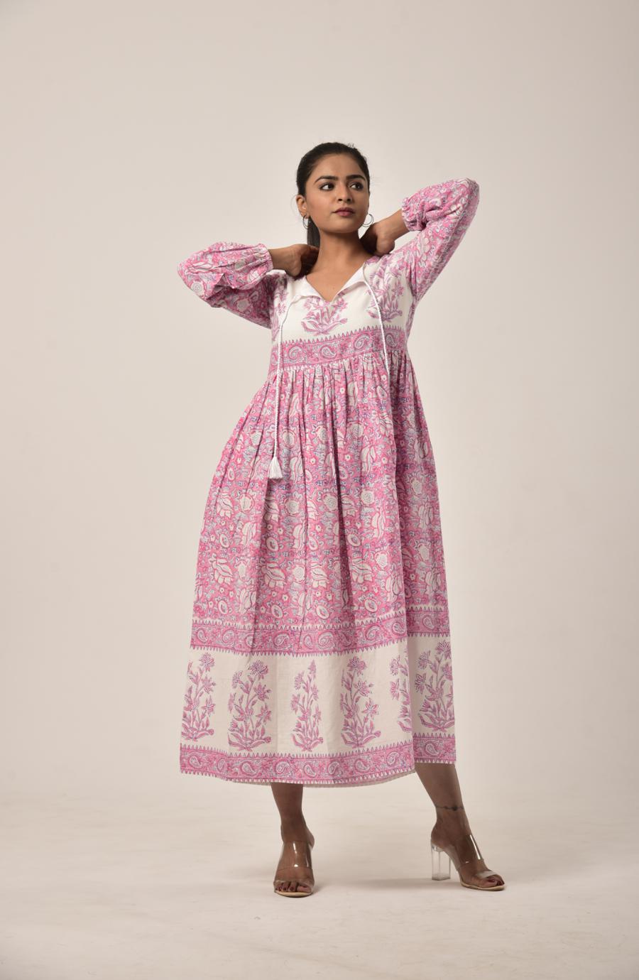 Watermelon Pink Block Print Long Dress