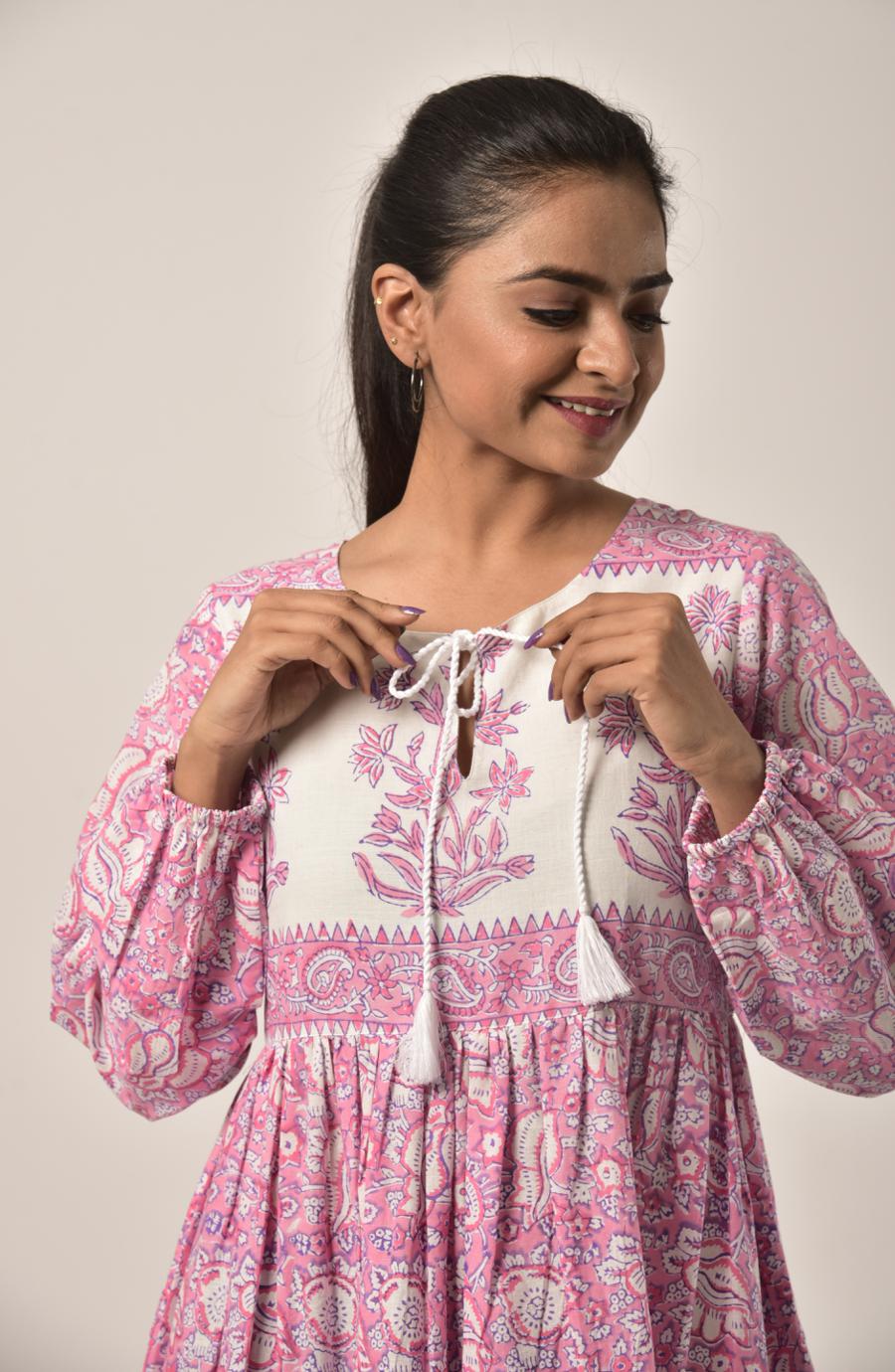 Watermelon Pink Block Print Long Dress