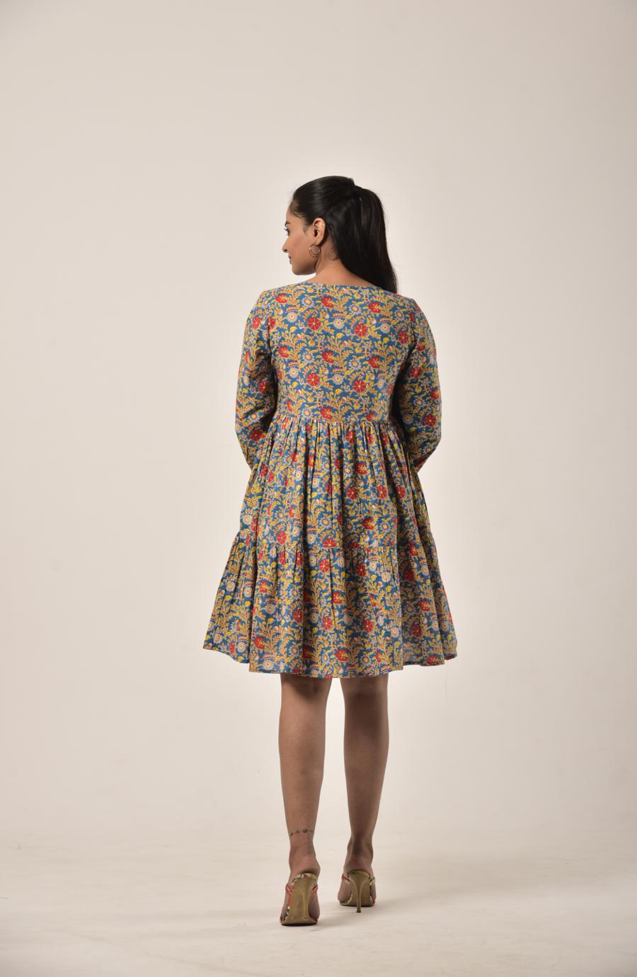 Yellow Flower on Teal Tiered Short Dress