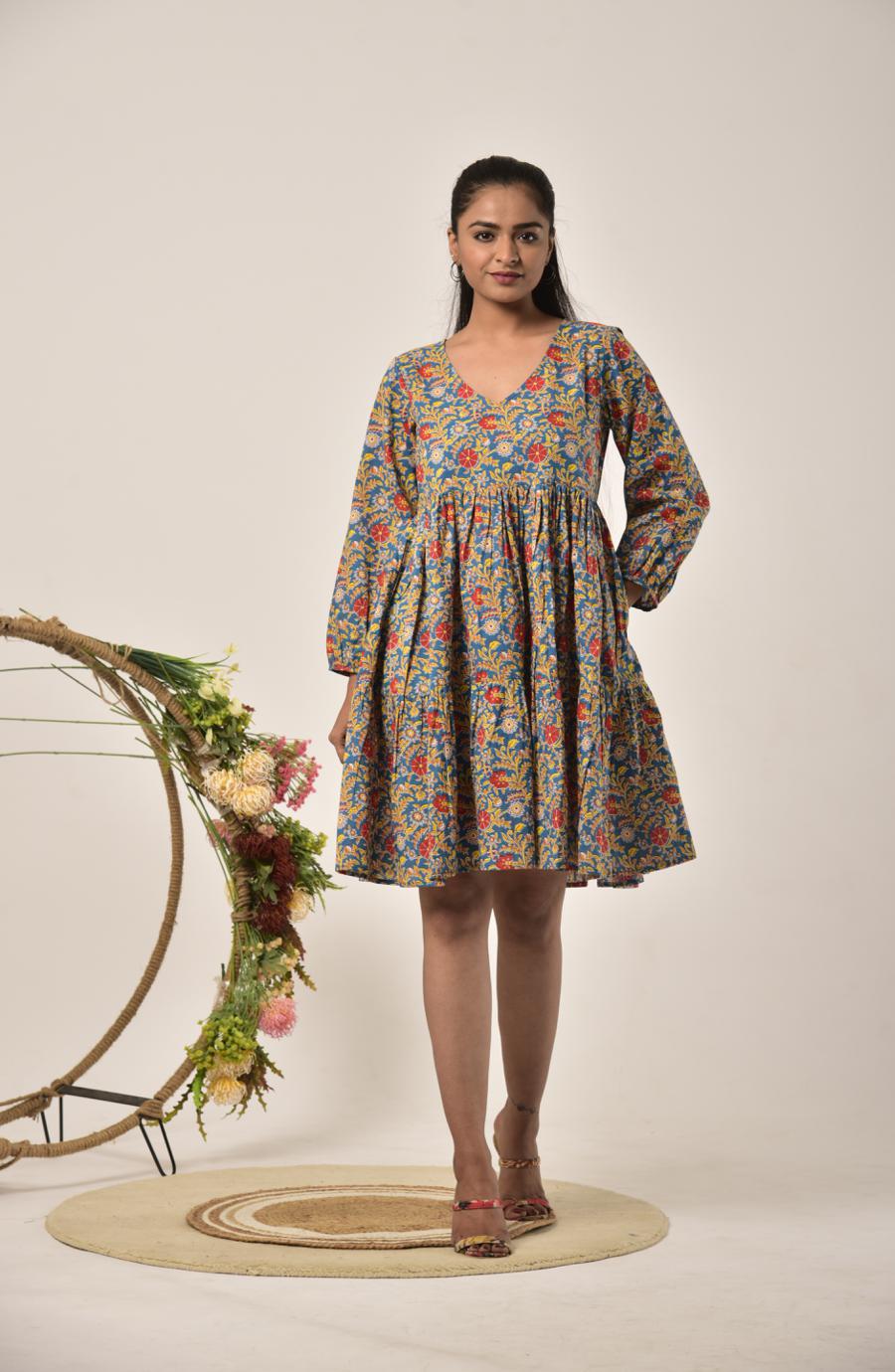 Yellow Flower on Teal Tiered Short Dress