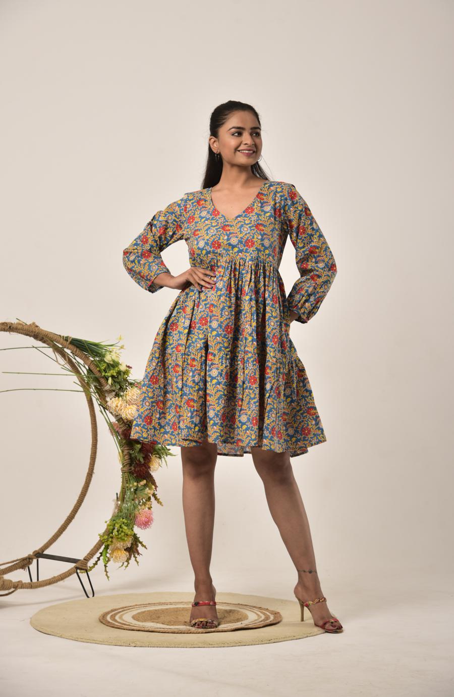 Yellow Flower on Teal Tiered Short Dress