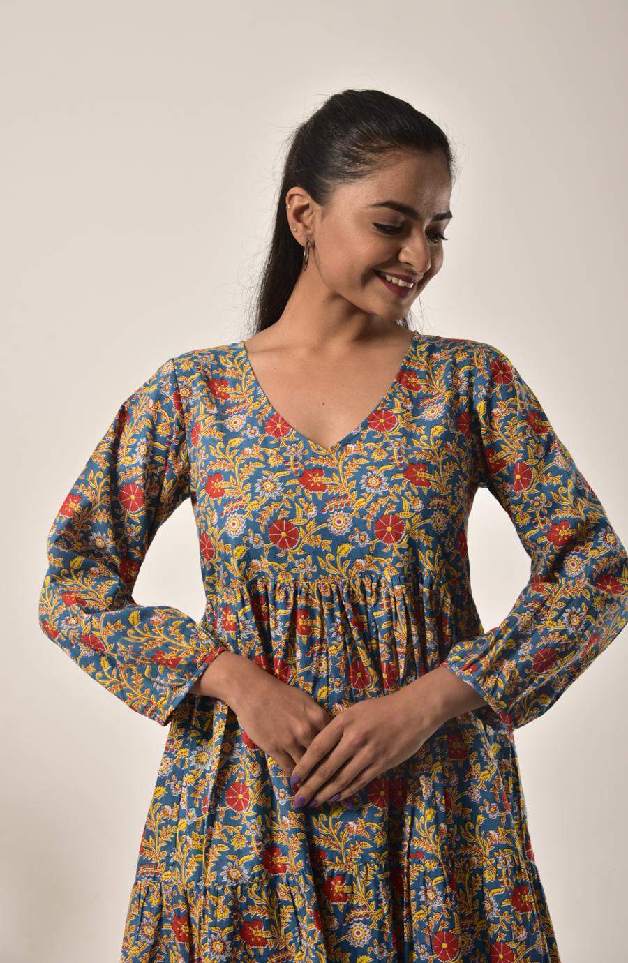 Yellow Flower on Teal Tiered Short Dress